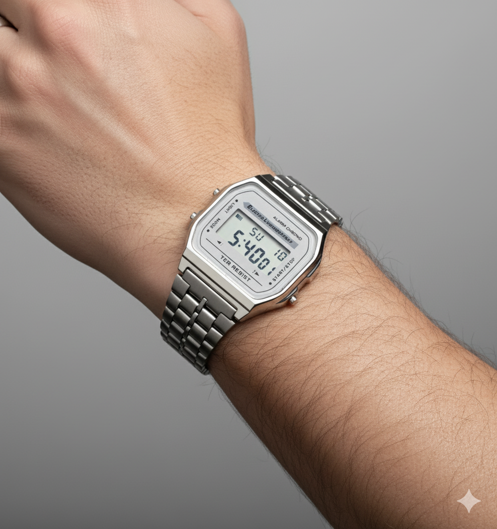 Relógio Masculino Digital Otenti RetroSilver – Estilo Clássico em Aço Inoxidável com Iluminação LED