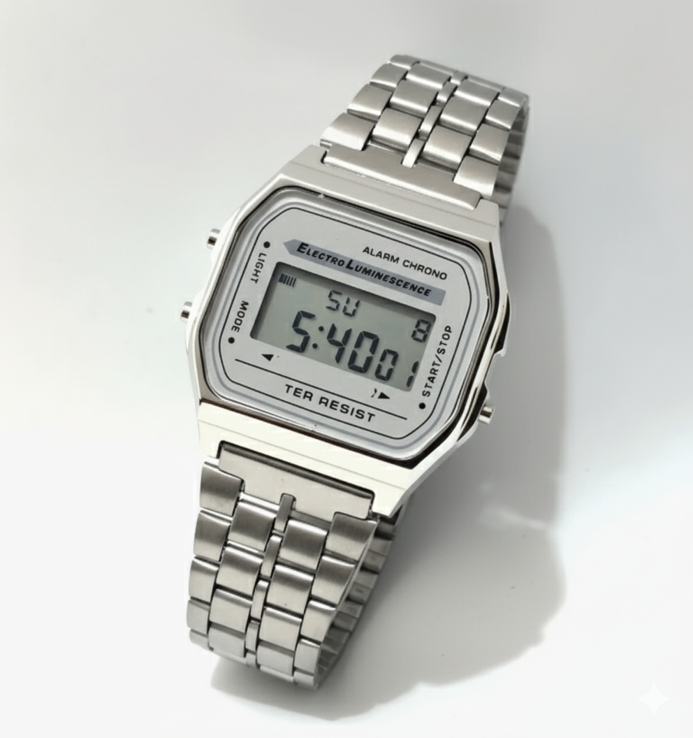 Relógio Masculino Digital Otenti RetroSilver – Estilo Clássico em Aço Inoxidável com Iluminação LED