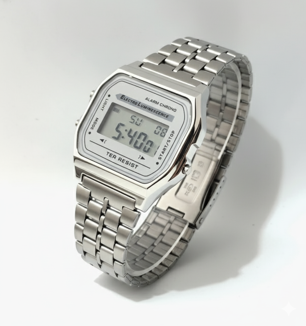 Relógio Masculino Digital Otenti RetroSilver – Estilo Clássico em Aço Inoxidável com Iluminação LED